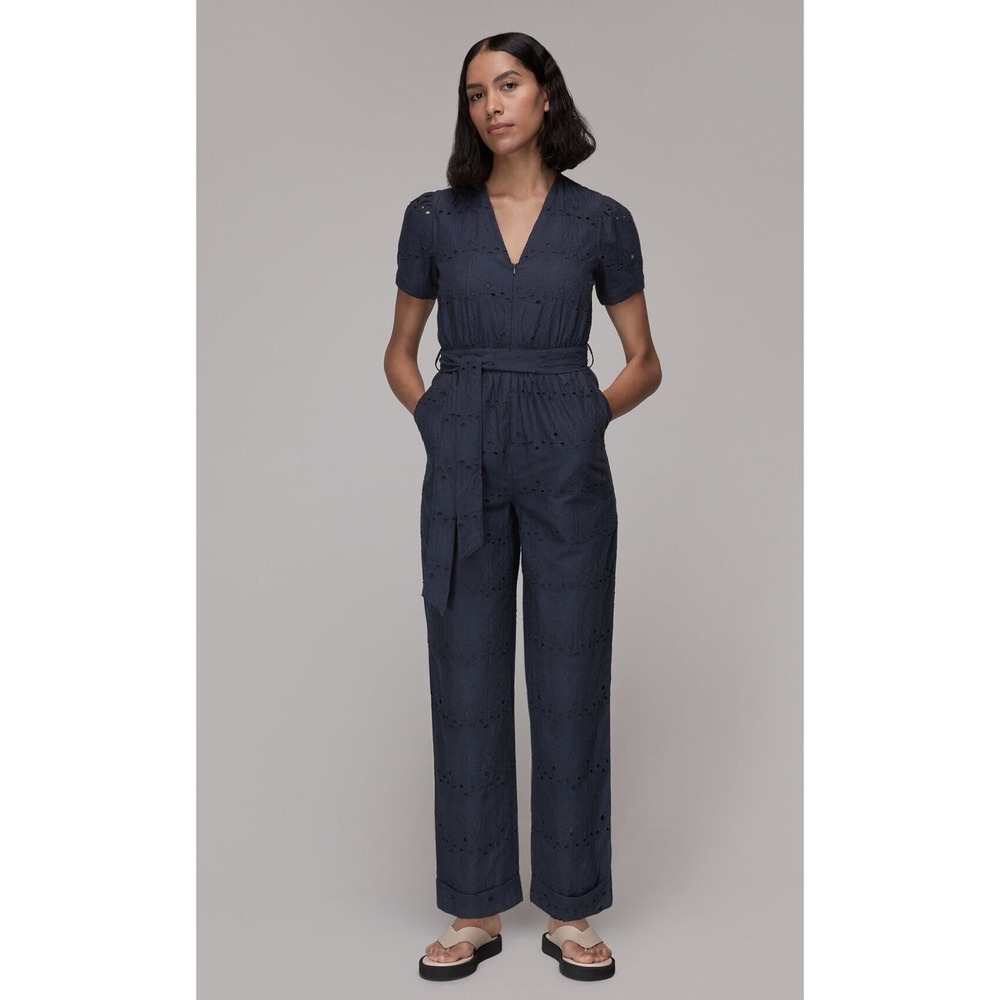 Whistles Womens Zoe‎ Broderie Waist Tie Jumpsuit Short Sleeve Navy Size 10
